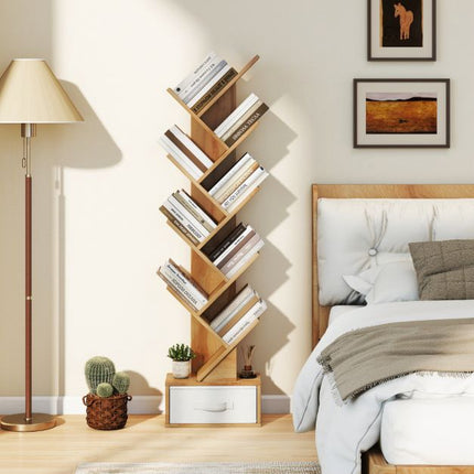 Bücherregal Baum mit Schublade, 10 Fächer, Natur-Finish