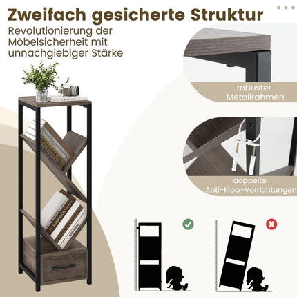 Bücherregal in Baumform mit Schublade und Metallrahmen, 4-stufiges Standregal, Büroregal