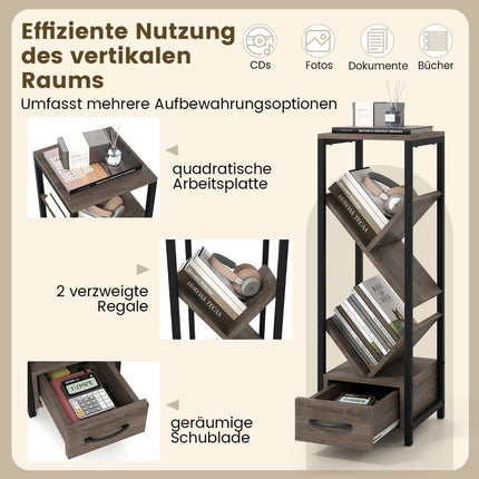 Bücherregal in Baumform mit Schublade und Metallrahmen, 4-stufiges Standregal, Büroregal