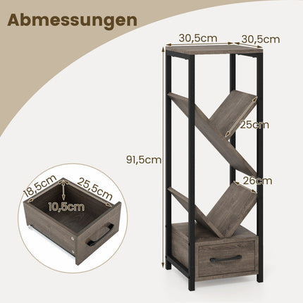 Bücherregal in Baumform mit Schublade und Metallrahmen, 4-stufiges Standregal, Büroregal