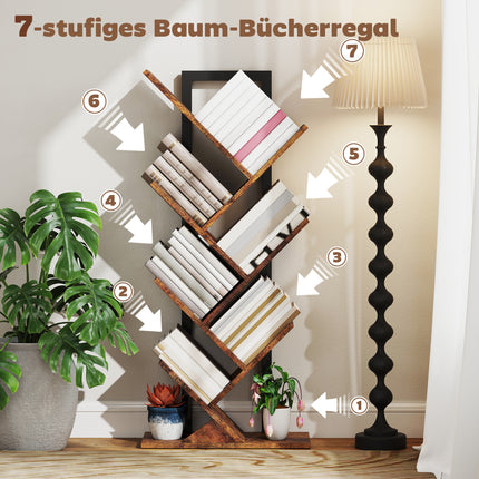 Bibliothèque en forme d'arbre, 7 niveaux, brun rustique, peu encombrante