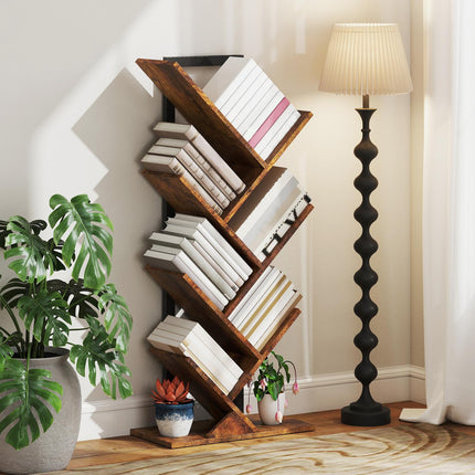 Bibliothèque en forme d'arbre, 7 niveaux, brun rustique, peu encombrante