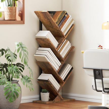 Bibliothèque en forme d'arbre, 7 niveaux, brun rustique, peu encombrante
