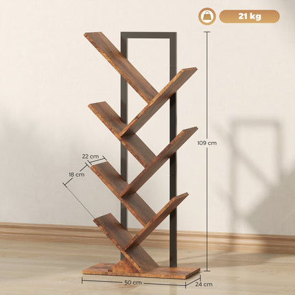 Bibliothèque en forme d'arbre, 7 niveaux, brun rustique, peu encombrante