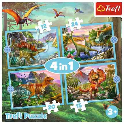 Trefl Puzzle Dinosaures 4 en 1, ensemble 12 15 20 24 pièces