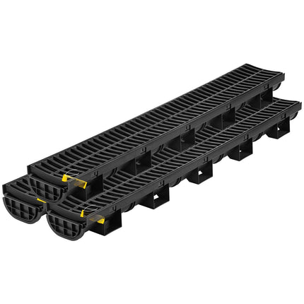 Trench Drain System, HDPE Channel With Plastic Grate, 3-Pack