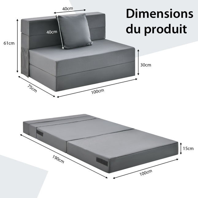 Matelas pour canapé-lit trois volets, 15 cm d'épaisseur, avec oreiller, gris foncé