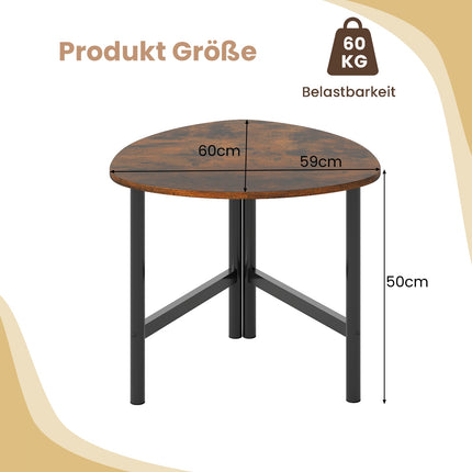 Table basse triangulaire avec pieds en métal, marron rustique