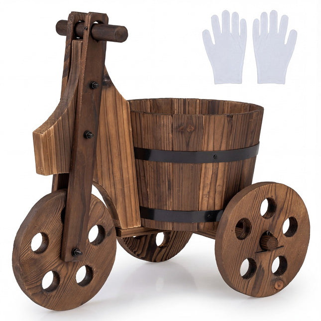 Jardinière triporteur, bois de sapin, roues, boîte de rangement
