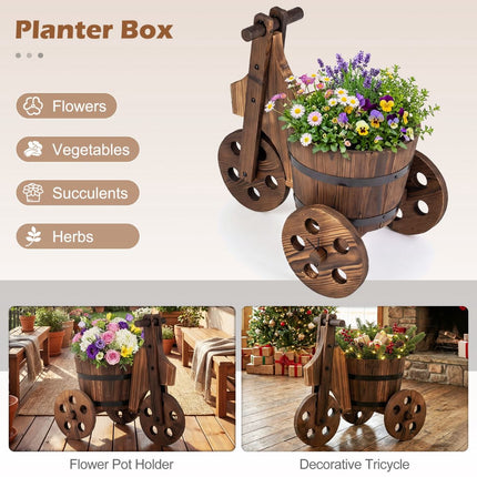 Jardinière triporteur, bois de sapin, roues, boîte de rangement