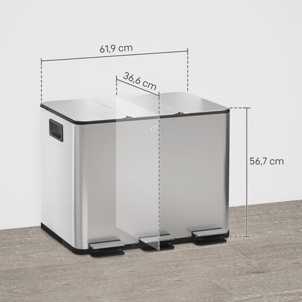 Poubelle de cuisine en acier inoxydable à trois compartiments, 3 x 20 L
