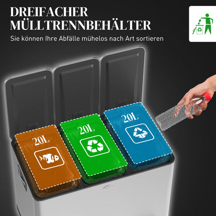 Poubelle de cuisine en acier inoxydable à trois compartiments, 3 x 20 L