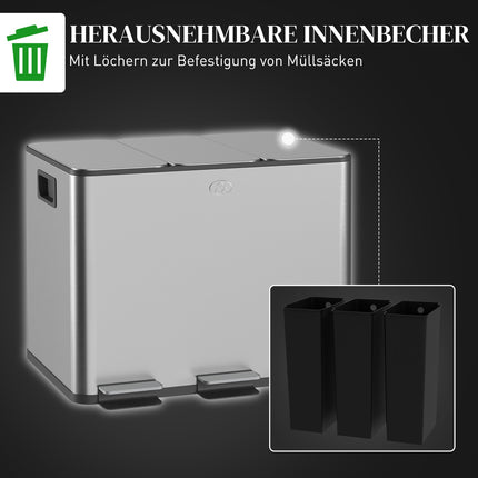 Poubelle de cuisine en acier inoxydable à trois compartiments, 3 x 20 L