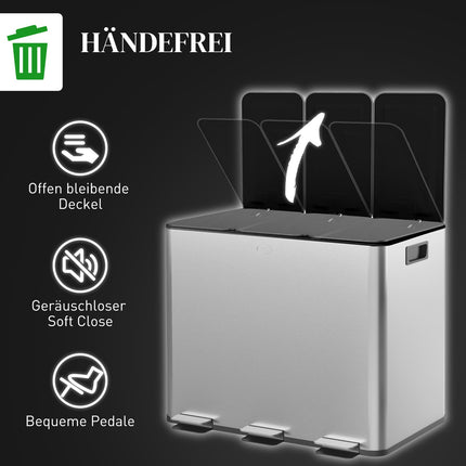 Poubelle de cuisine en acier inoxydable à trois compartiments, 3 x 20 L