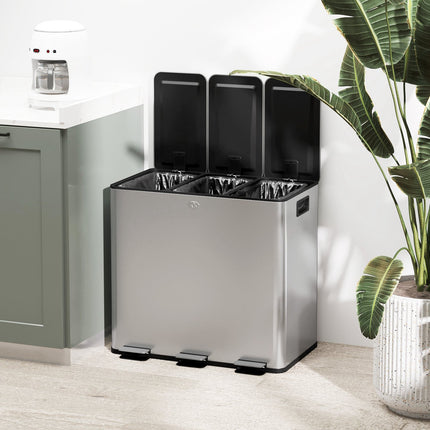 Poubelle de cuisine à trois compartiments en acier inoxydable, 45 L
