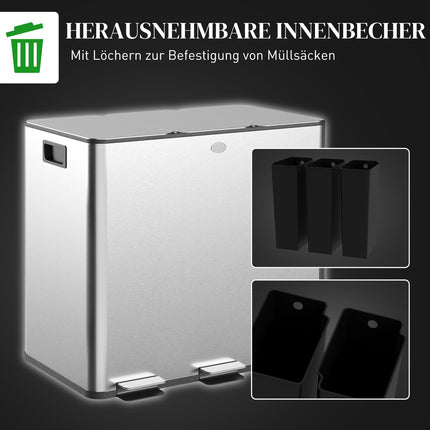 Poubelle de cuisine à trois compartiments en acier inoxydable, 45 L