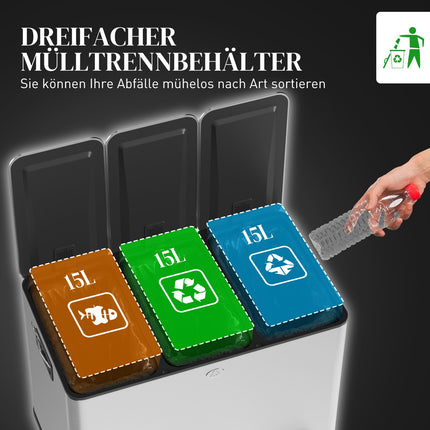 Poubelle de cuisine à trois compartiments en acier inoxydable, 45 L