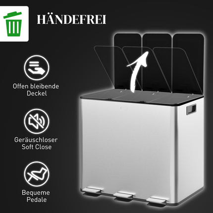 Poubelle de cuisine à trois compartiments en acier inoxydable, 45 L