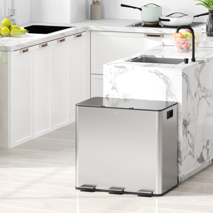 Poubelle de cuisine à trois compartiments en acier inoxydable, 45 L