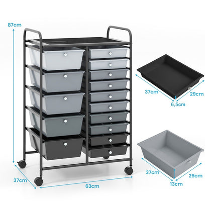 Rollwagen mit 15 stapelbaren Schubladen Rollcontainer Beistellwagen mit 15 Schubladen Schwarz 62,5 x 37 x 87 cm
