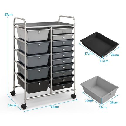 Chariot à 15 tiroirs empilables Chariot latéral roll-conteneur à 15 tiroirs argent 62,5 x 37 x 87 cm