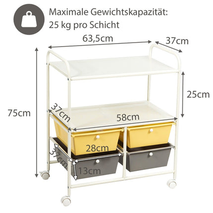 Chariot avec 4 tiroirs empilables & structure métallique & espaces de rangement roll-conteneur jaune