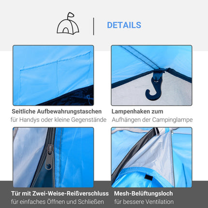 Hellblaues Tunnelzelt für 2-3 Personen mit Stangen und Fiberglas