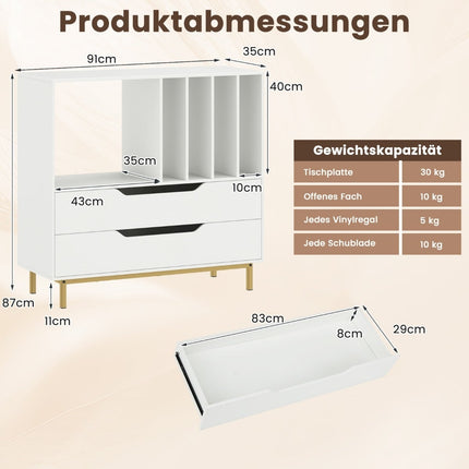 Plattenspielerständer mit 4 Vinyl-Fächern & 2 Schubladen, Weiß