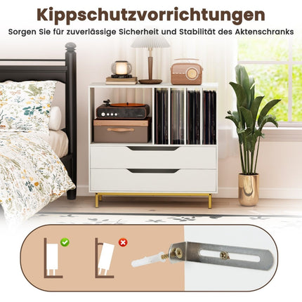 Plattenspielerständer mit 4 Vinyl-Fächern & 2 Schubladen, Weiß