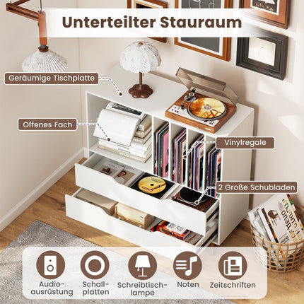 Plattenspielerständer mit 4 Vinyl-Fächern & 2 Schubladen, Weiß