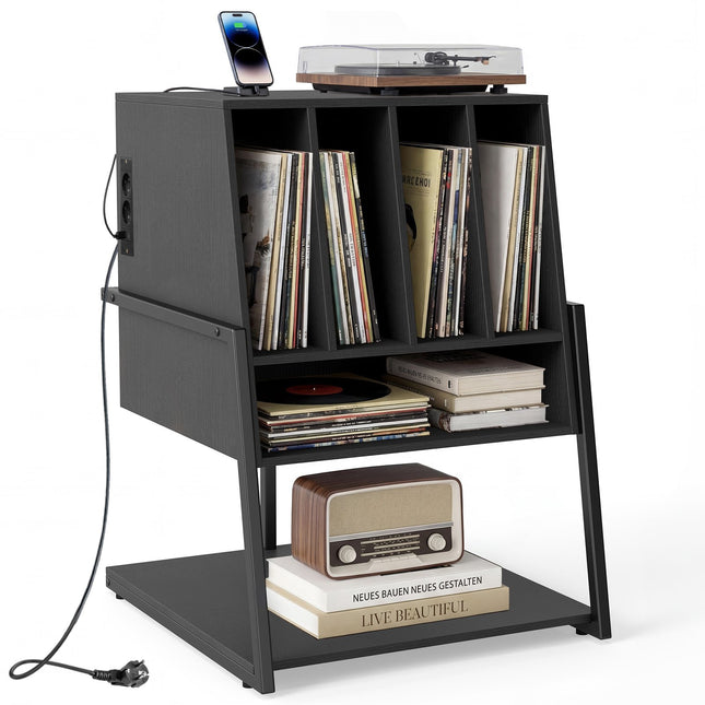 Support pour platine vinyle avec station de charge et étagères, noir