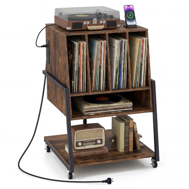 Support pour platine vinyle avec station de charge et étagères de rangement