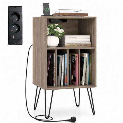 Support pour platine vinyle avec station de charge et rangement pour disques.