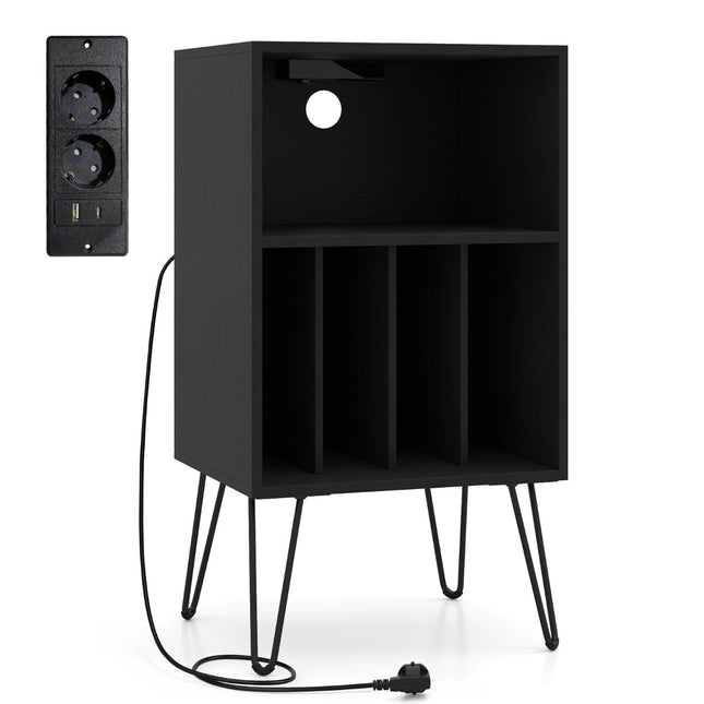 Support pour platine vinyle avec station de charge et rangement pour disques.