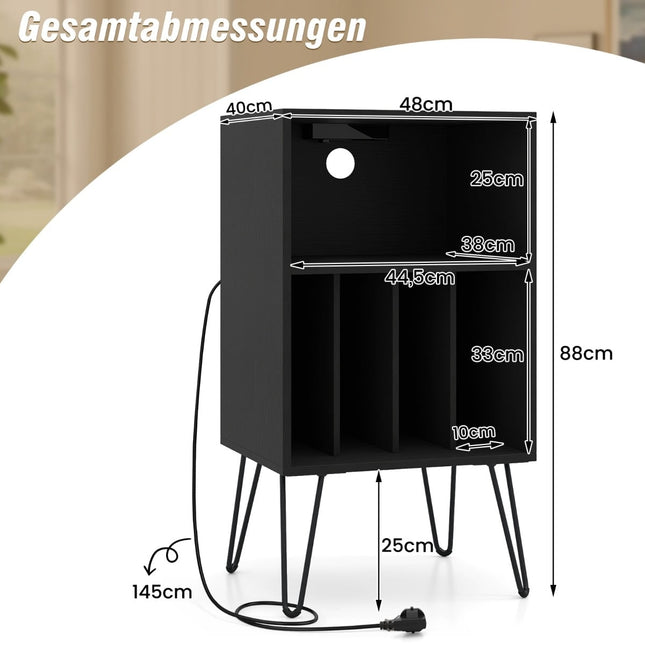 Support pour platine vinyle avec station de charge et rangement pour disques.