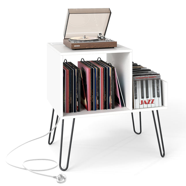 Support pour platine vinyle avec station de charge, blanc, rangement réglable