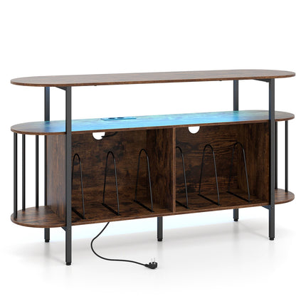 Support pour platine vinyle avec éclairage LED et station de charge, marron rustique