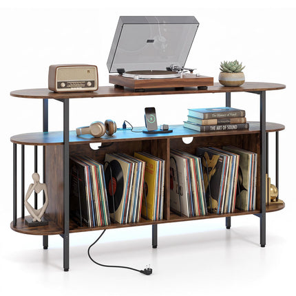 Support pour platine vinyle avec éclairage LED et station de charge, marron rustique