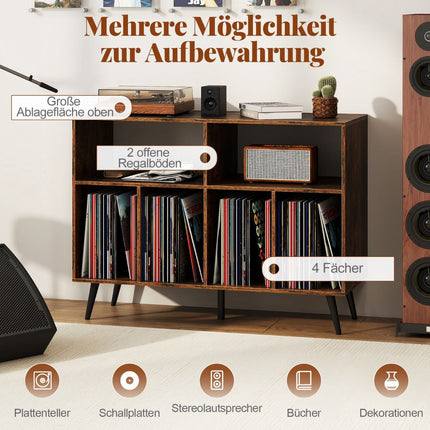 Support pour platine vinyle avec rangement pour disques, marron rustique