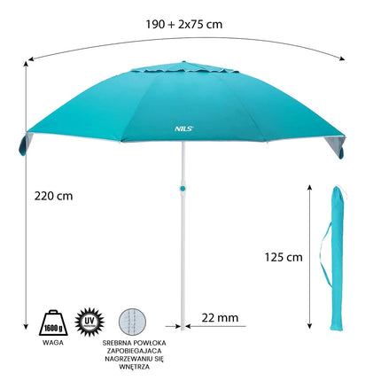 Parasol de plage turquoise XL, 220 cm