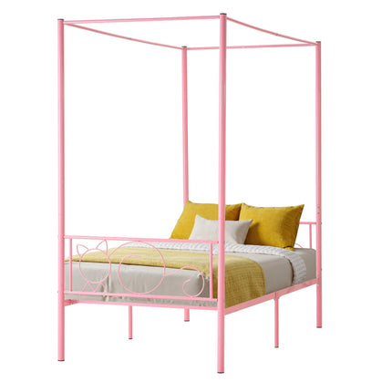 Twin Canopy Bed Frame, Metal Four-Poster, Pink