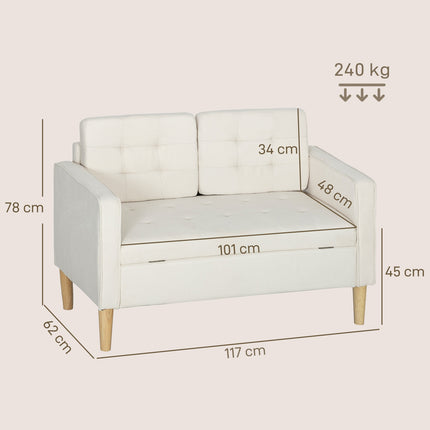 Canapé deux places avec rangement, velours crème, 117 cm