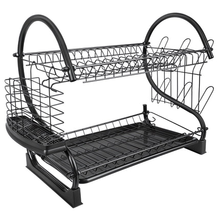 Two-Tier Dish Drying Rack with Drip Tray and Cup Holder, Cutlery Holder, Black