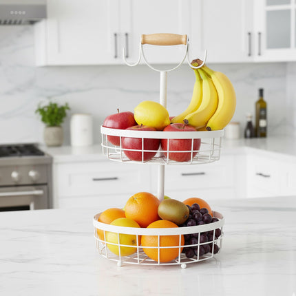 Panier à fruits en métal à deux niveaux avec crochets pour bananes