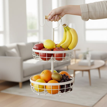 Panier à fruits en métal à deux niveaux avec crochets pour bananes