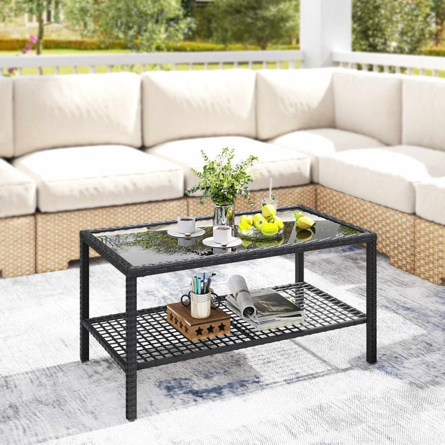 Table basse à deux niveaux en rotin avec plateau en verre, noire