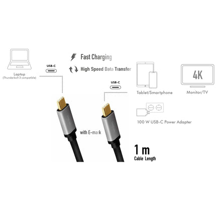 USB-C-Kabel USB 3.2 Gen2 PD 3.0 100W 10Gbps 4K/60Hz Alu 1m