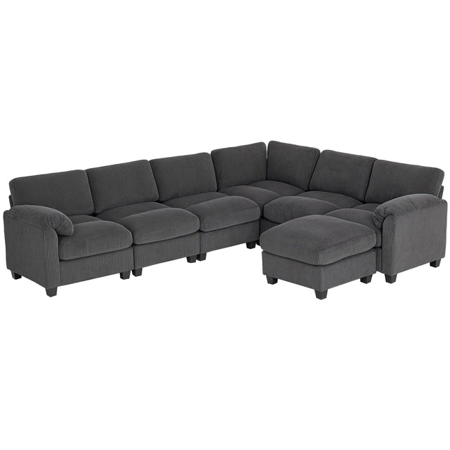 Canapé d'angle en forme de U avec revêtement en velours côtelé, gris foncé, 292 x 224 cm