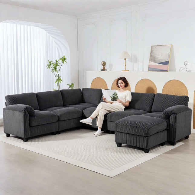 Canapé d'angle en forme de U avec revêtement en velours côtelé, gris foncé, 292 x 224 cm