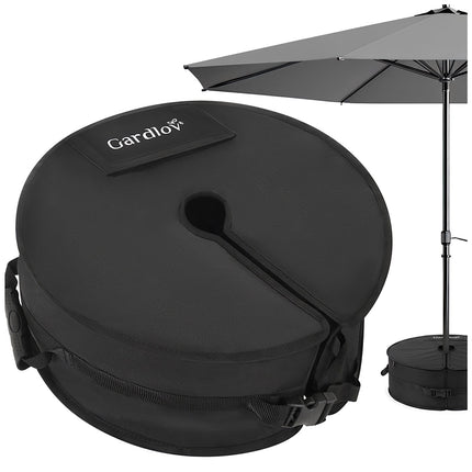 Pied de parasol lesté de sable (40 kg), en tissu Oxford noir.
